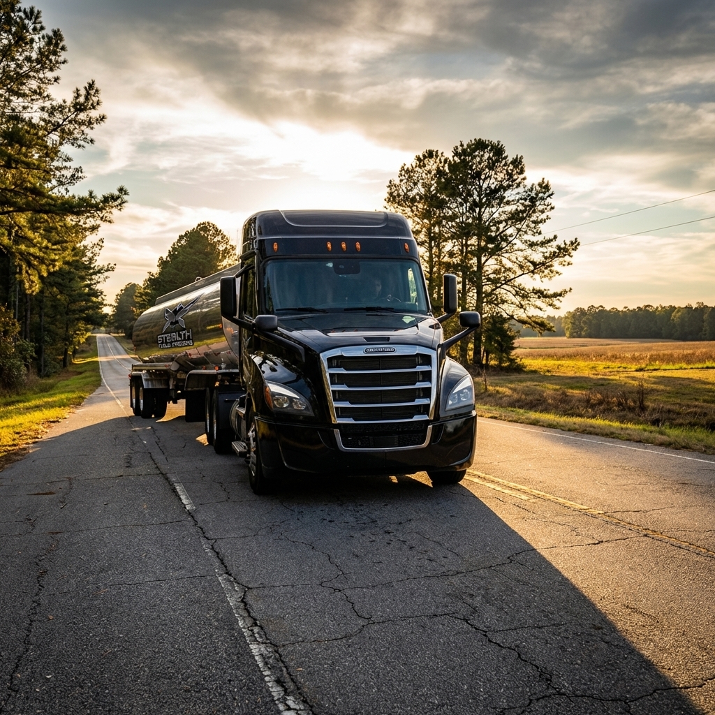 Stealth Fuels and Trucking black Freightliner tractor pulling a fuel tanker on a rural Southeastern US road at golden hour